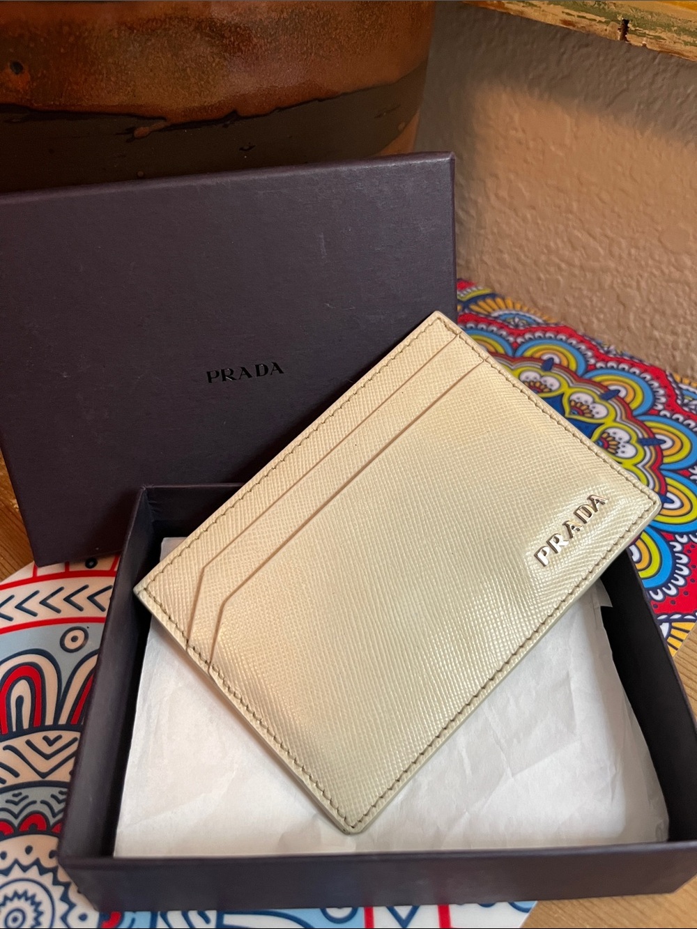 Prada Cream Saffiano Leather Slim Card Holder NEW